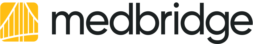 Medbridge logo with black lowercase text and a yellow graphic with white intersecting lines on the left.